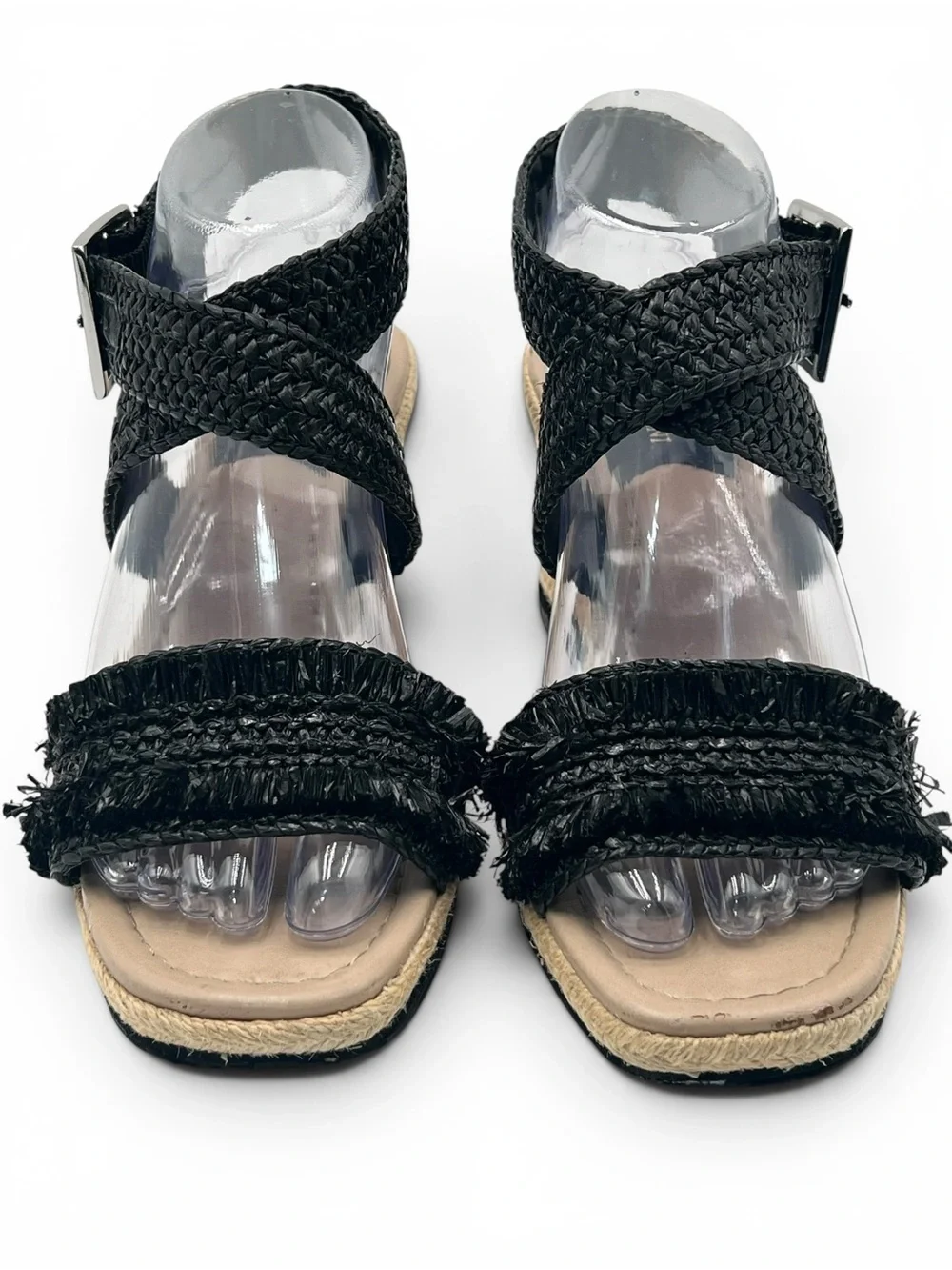 Enzo Angiolini Porcie2 Raffia Espadrille Wedge Sandals Black Ankle Strap Size 9